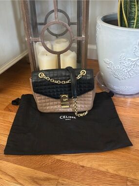 Celine Two-Tone Quilted Leather Shoulder Bag in Black & Taupe